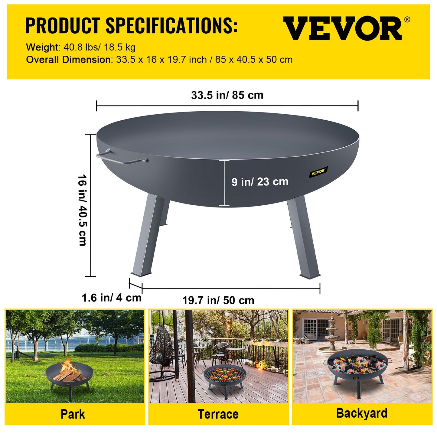Fire Pit Bowl, 34-Inch Diameter Round Carbon Steel Fire Bowl, Wood Burning for Outdoor Patios, Backyards & Camping Uses, with A Drain Hole, Portable Handles and A Firewood Stick, Black