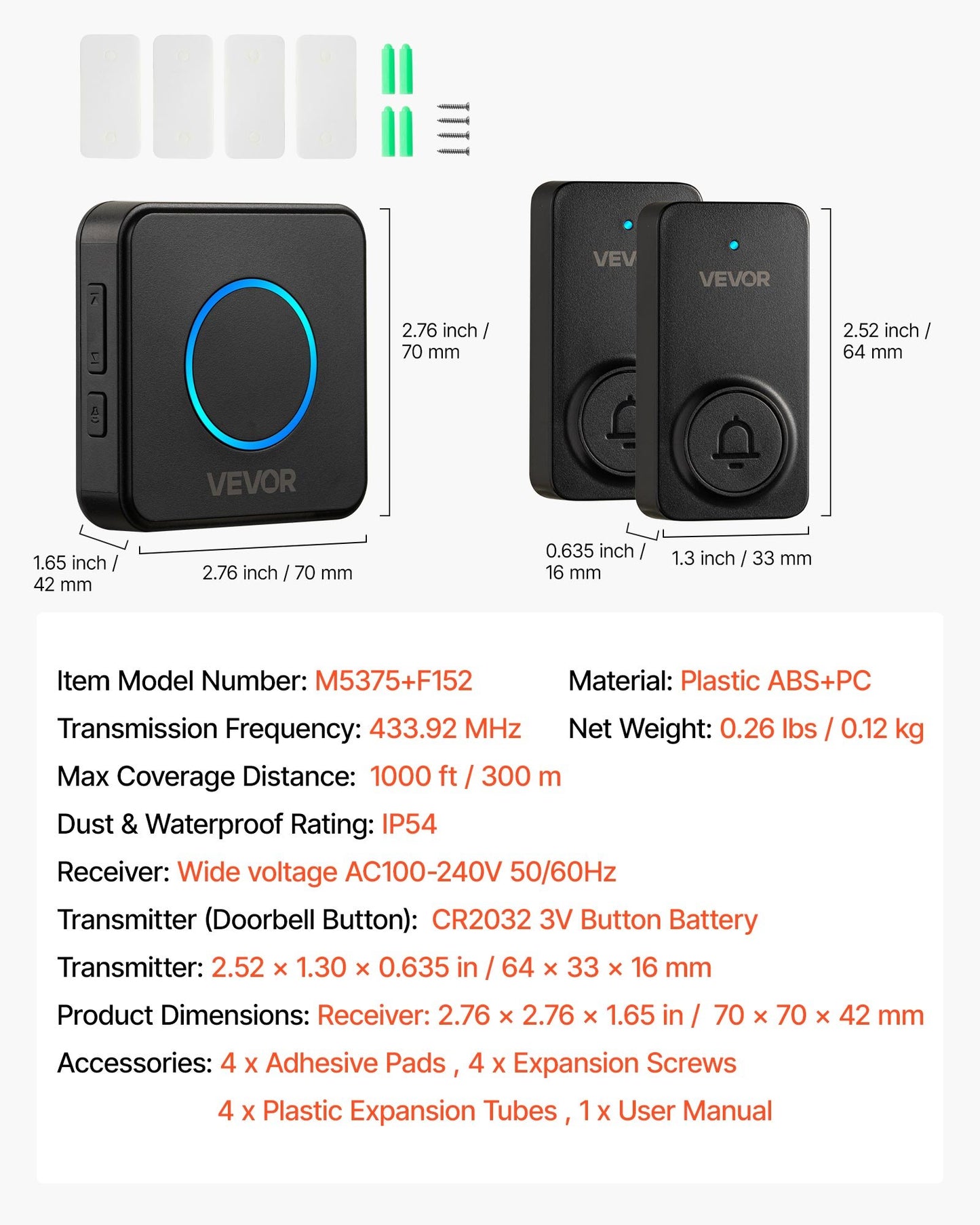 Wireless Doorbell Kit, IP54 Waterproof Door Chime Ranges up to 1000 ft, 5 Adjustable Volumes, 48 Ringtones, Easy Installation, Wireless Doorbell Ideal for Home, Doorway, Classroom, Office, Black
