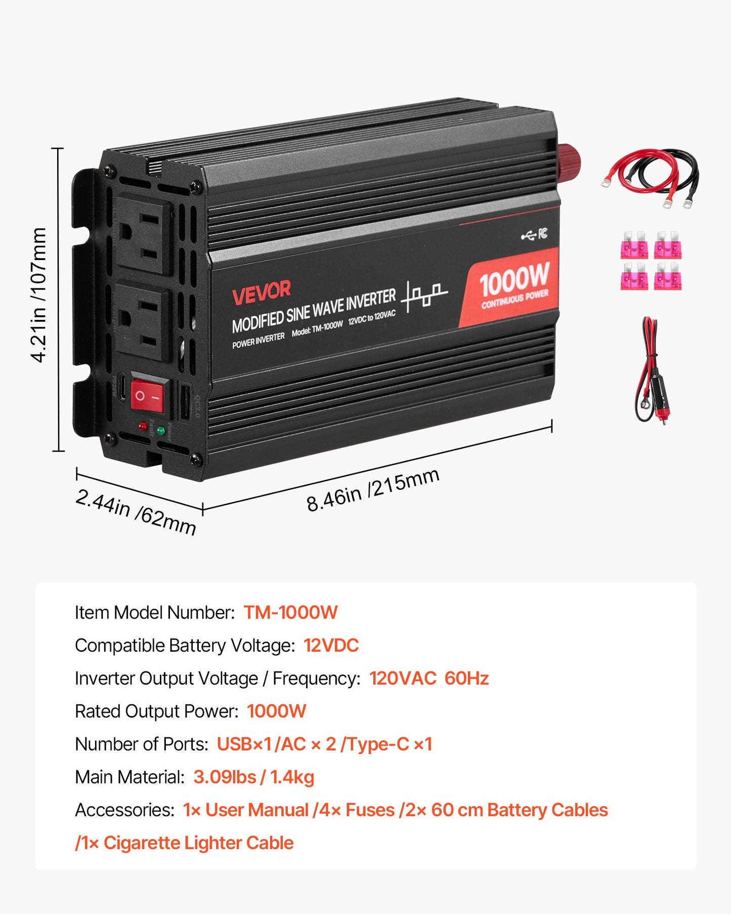 1000W Power Inverter, 12V DC to 120V AC Modified Sine Wave Inverter, Car Charger Converter with USB & Type-C Port, 2 AC Outlets, LED Indicator Light, Ideal for RV, Truck Outdoor Camping