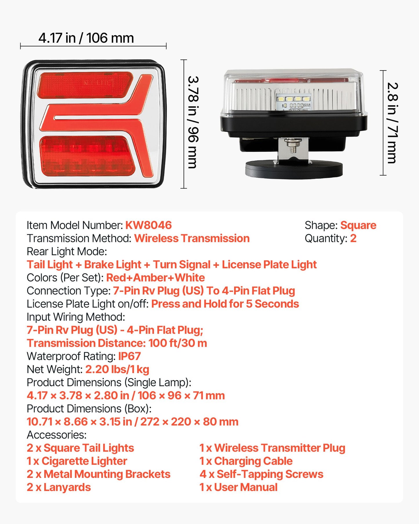 Trailer Lights, 2PCS 12V Square LED Magnetic Wireless Trailer Tail Lights Kit with Stop Brake Turn Tail License Plate Lamp, Waterproof Tow Lighting Kit for Boat Truck Camper RV Tractor Caravan