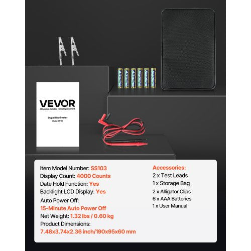 digital multimeter, 4000-siffrors TRMS voltmeter ohmmeter, 1000V AC/DC spänningstestare med omkopplingsbart automatiskt/manuellt område för spänning, resistans och kontinuitetsmätning | EU