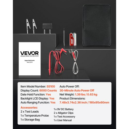 digital multimeter, 6000-siffrors TRMS DC/AC voltmeter strömtester, automatiskt varierande multimeter för ström, spänning, resistans, kapacitans, temperatur, dioder, kontinuitet, lågimpedansmätning | EU