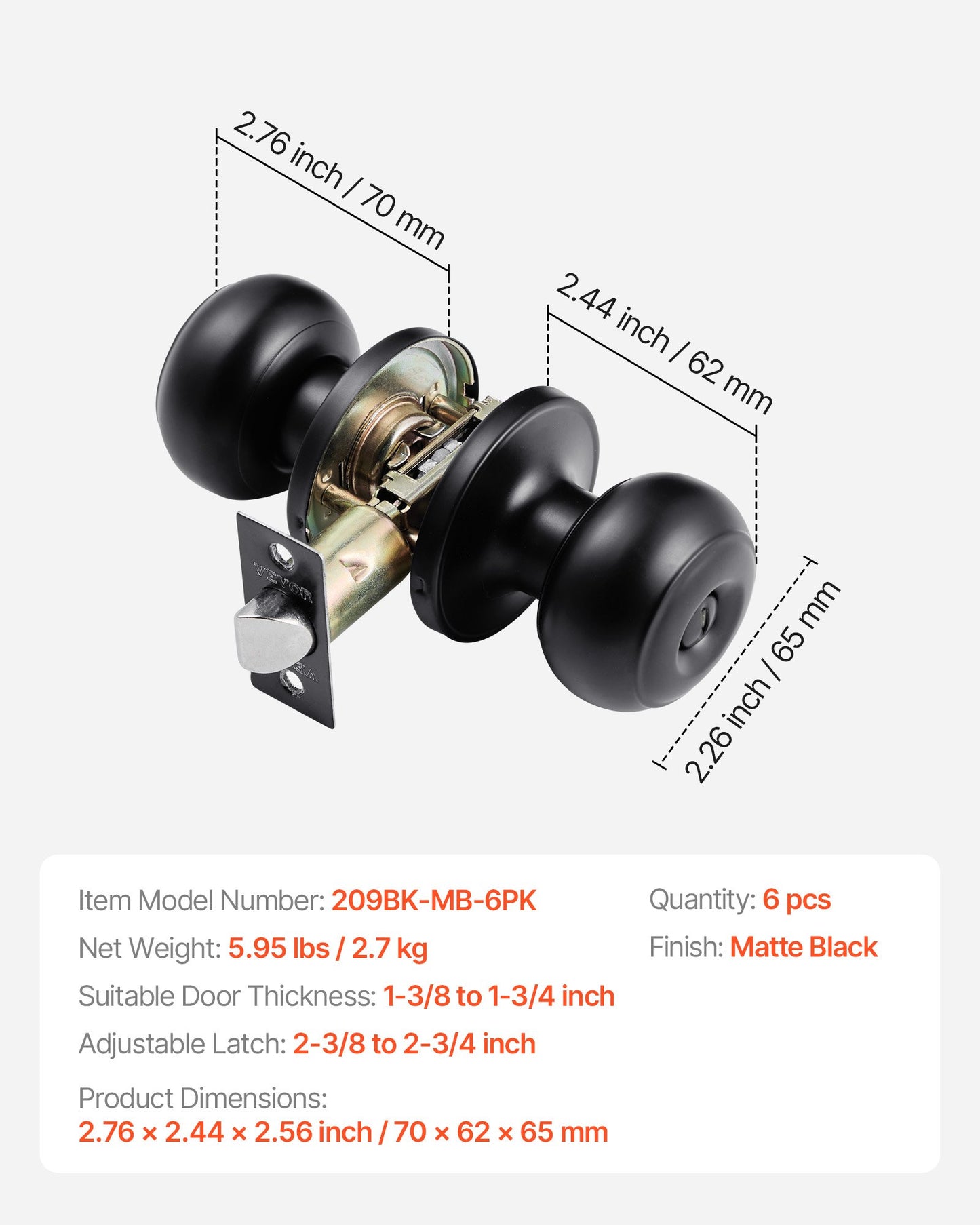 6 Pack Black Door Knobs, Privacy Door Knob with Round Ball, Keyless Exterior & Thumb Turn Lock Interior, All Metal Doorknobs Hardware, Matte Black Modern Design for Bedroom & Bathroom