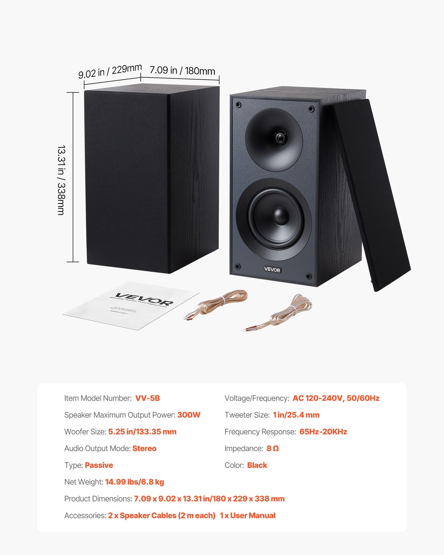 Passive Bookshelf Speaker, 300W, Book Shelf Stereo Speakers with 5.25-Inch Woofer and 1-Inch Tweeter, Detachable Grille, 65Hz-20KHz Frequency Response, Wooden Enclosure, for Home Theater (1 Pair)