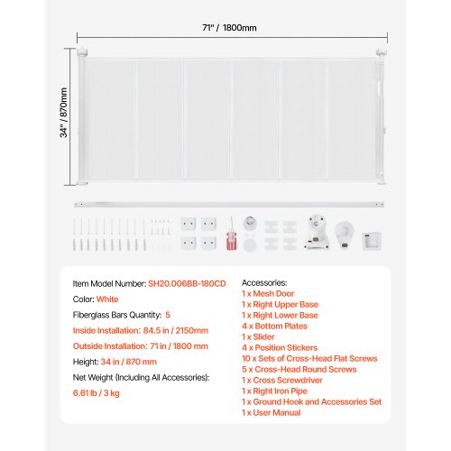 Retractable Baby Gate 870 mm High Extendable to 1800 mm Width Children Pets White