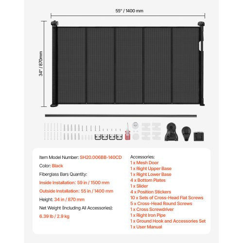 Retractable Baby Gate 870 mm High Extendable to 1400 mm Width Children Pets Black