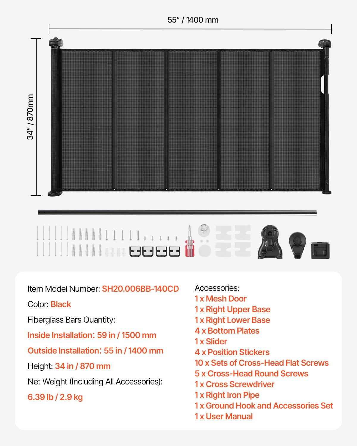 Retractable Baby Gate, 34 inch Tall, Extends up to 55 inch Wide, Retractable Gate for Kids or Pets, Mesh Material, Easy to Install for Indoor Stairs, Doorways, Hallways, Playrooms, Black