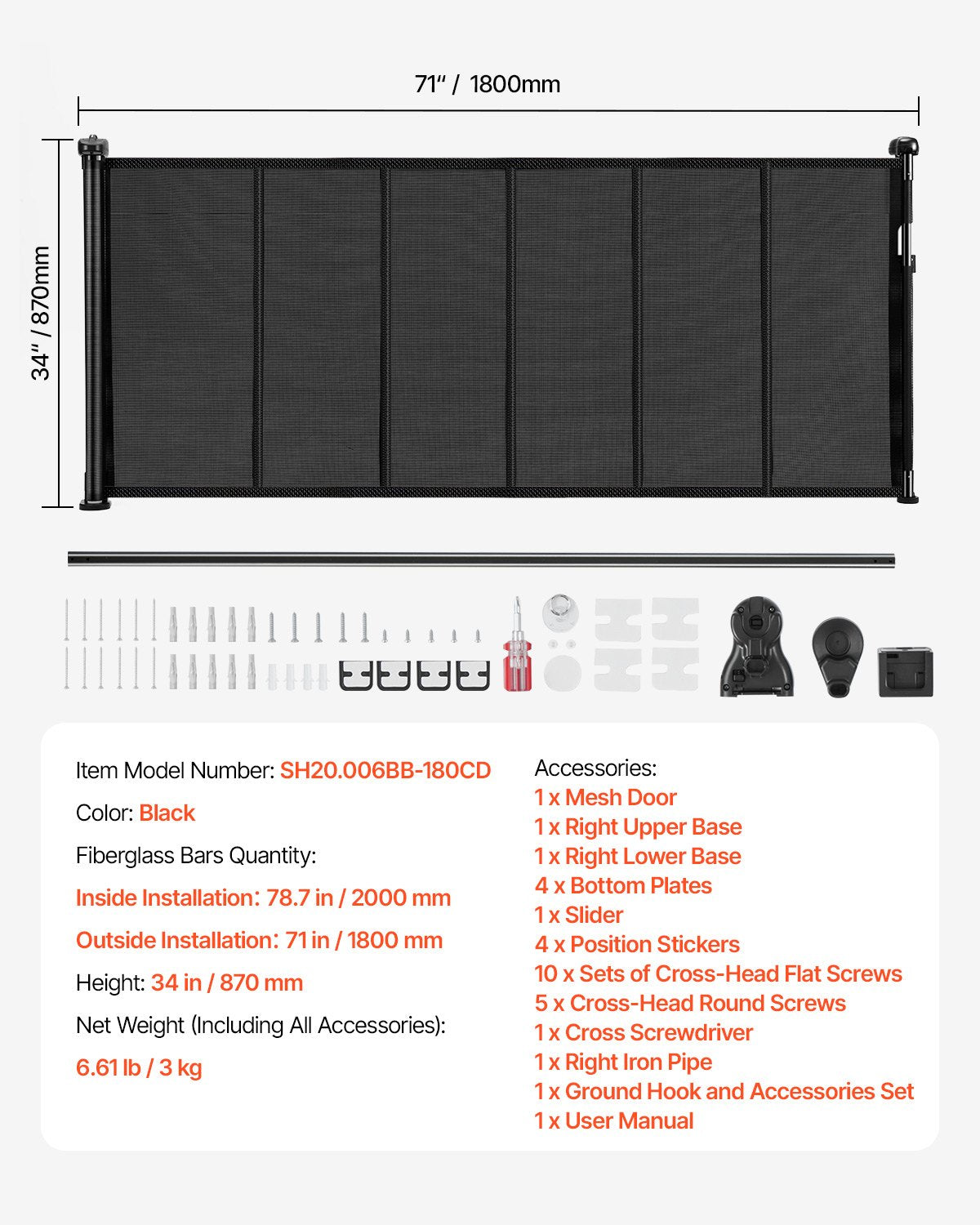 Retractable Baby Gate, 34 inch Tall, Extends up to 71 inch Wide, Retractable Gate for Kids or Pets, Mesh Material, Easy to Install for Indoor Stairs, Doorways, Hallways, Playrooms, Black