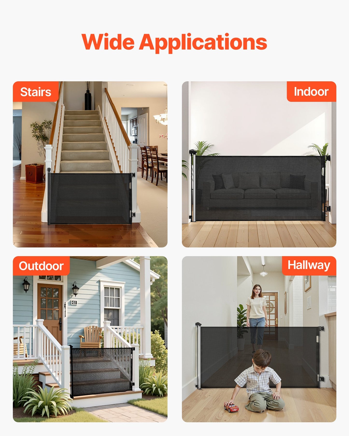 Retractable Baby Gate, Extends to 72.8 inch Wide, 38.5 inch Tall, with Security Lock, Easy to Use, Walk Through Without Tripping, Mesh Dog Gate for Stairs, Hallways, Indoor/Outdoor, Black