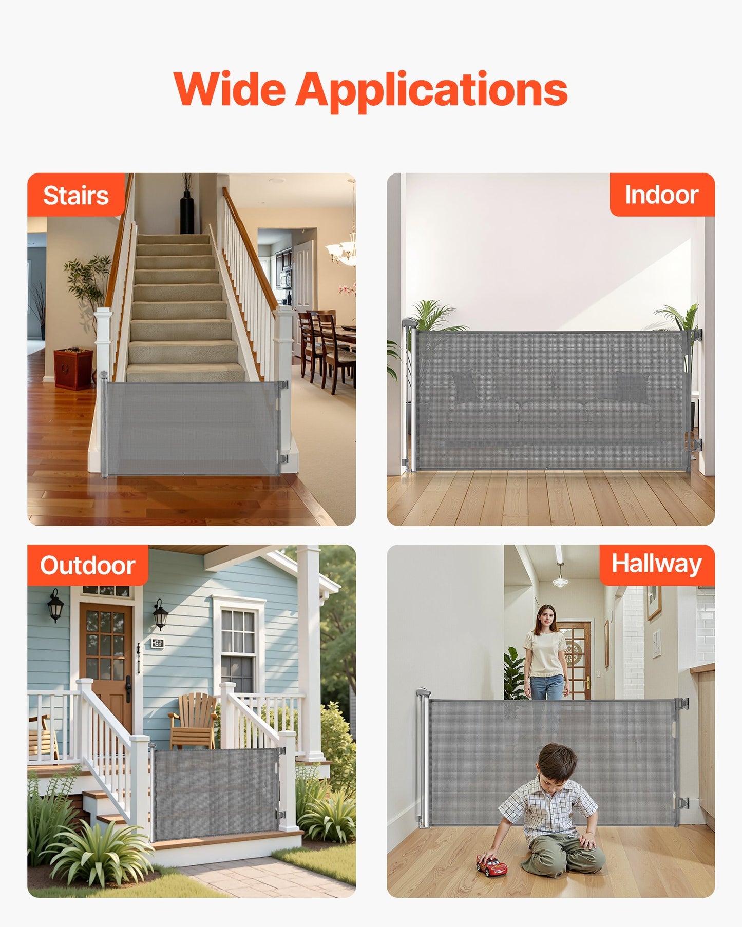 Retractable Baby Gate, Extends to 72.8 inch Wide, 31.3 inch Tall, with Security Lock, Easy to Use, Walk Through Without Tripping, Mesh Dog Gate for Stairs, Hallways, Indoor/Outdoor, Gray