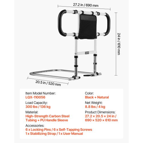 Sänggrind för äldre, hopfällbar och utdragbar sängstödgrind med sidohandtag och PU-ledstång, justerbar höjd för sängkant i kolstål, passar sänggrind för seniorer, queen size-säng, dubbelsäng och twin-säng | EU