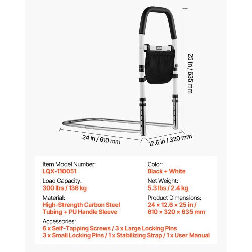 Sänggrind för äldre, Sängstöd med PU-ledstång, Höjdjusterbar sängstång med rör, Sängstänger i höghållfast kolstål för seniorer och patienter, Passar King, Queen, Full, Twin | EU