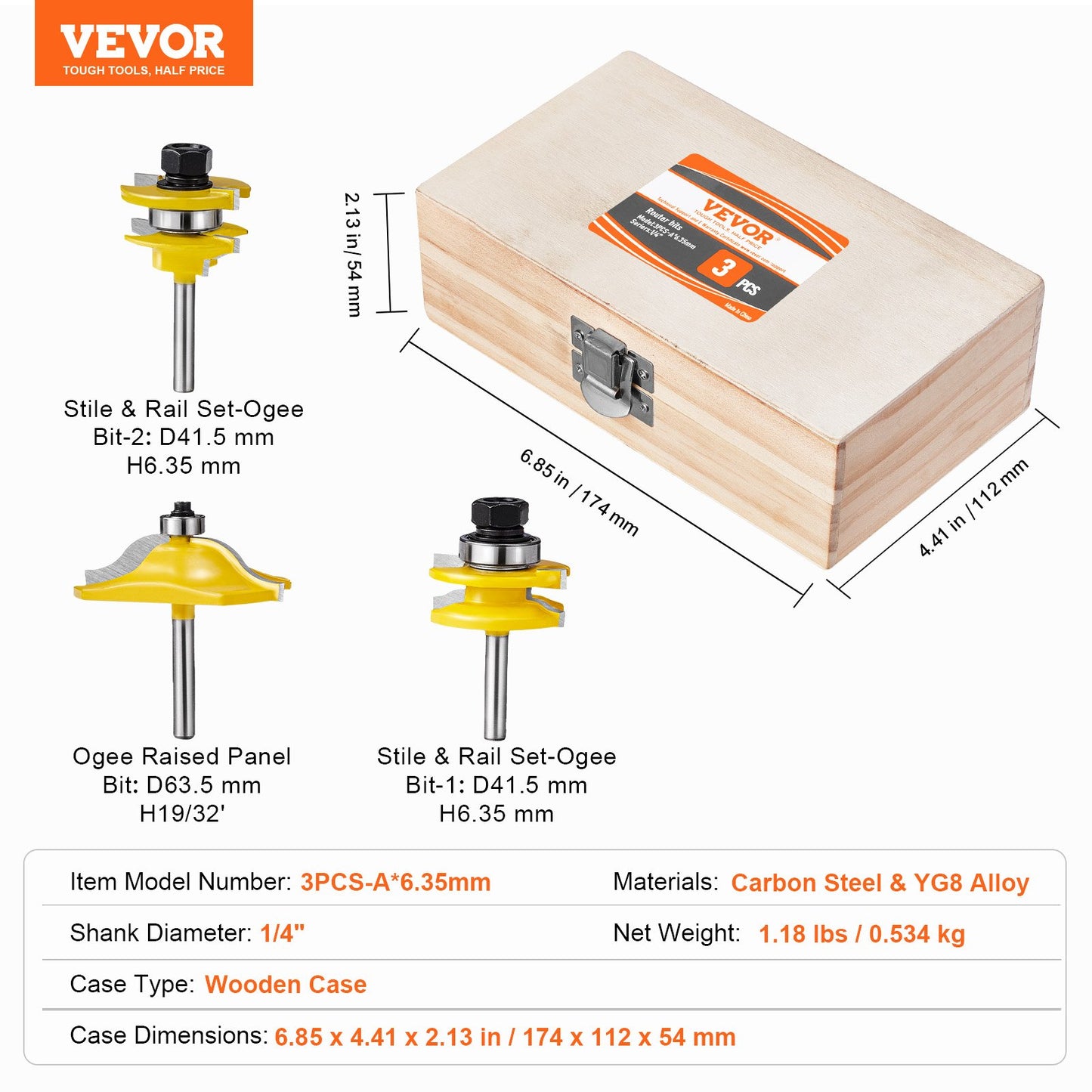 Router Bits Set, 3 Pieces, Carbide Router Bit Kit with 1/4 Inch Shank, Wood Carrying Case, Woodworking Tools for Professional and Beginners Carpenter, for Wood MDF Particle Board Plywood