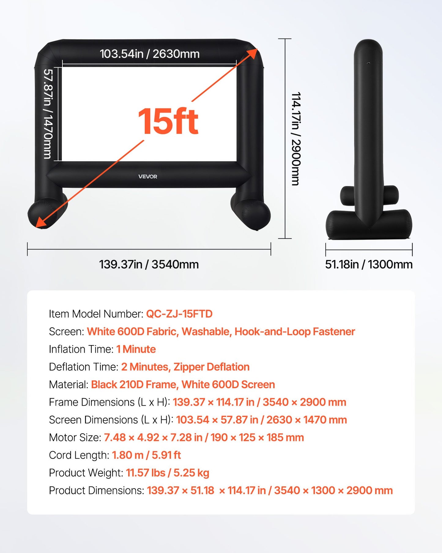 15FT Inflatable Movie Screen, Inflatable Projector Screen with Portable Storage Bag, 16:9 Easy Set Up Movie Projection for Outdoor Backyard, Home Theater, Theme Party