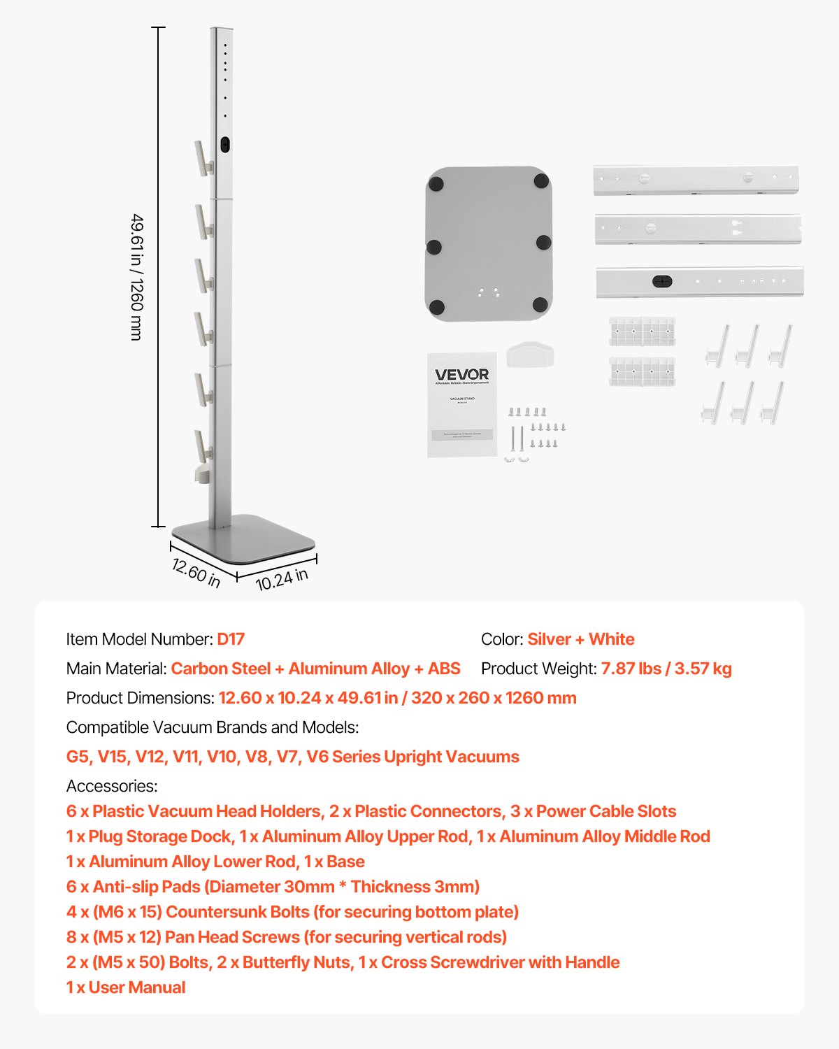 Vacuum Stand, Compatible with Dyson G5 V15 V12 V11 V10 V8 V7 V6 Series Upright Vacuums Cleaners & Accessories, Stable Vacuum Stand Holder with 6 Hooks and Non-slip Footpads, Gray