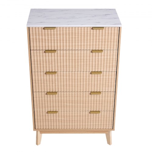 Wooden chest of drawers with 5 fluted drawers, pull-out drawers and anti-tip device | EU
