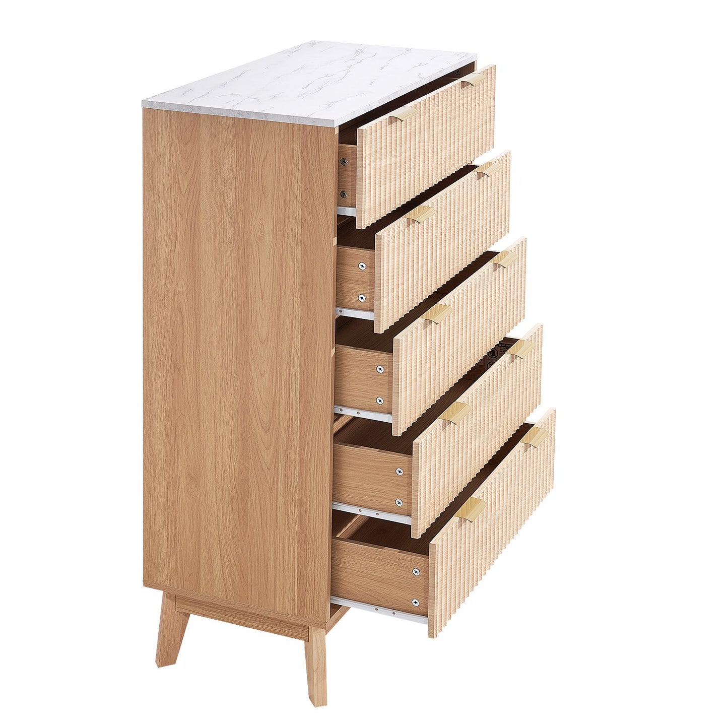 5 Fluted Drawer Dresser, Wooden Chest of Drawers with Sliding & Anti-tip Device, Modern Minimalist Dresser Chest, Closet Storage Organizer for Living Room, Hallway, Bedroom, Entryway, Light Wood