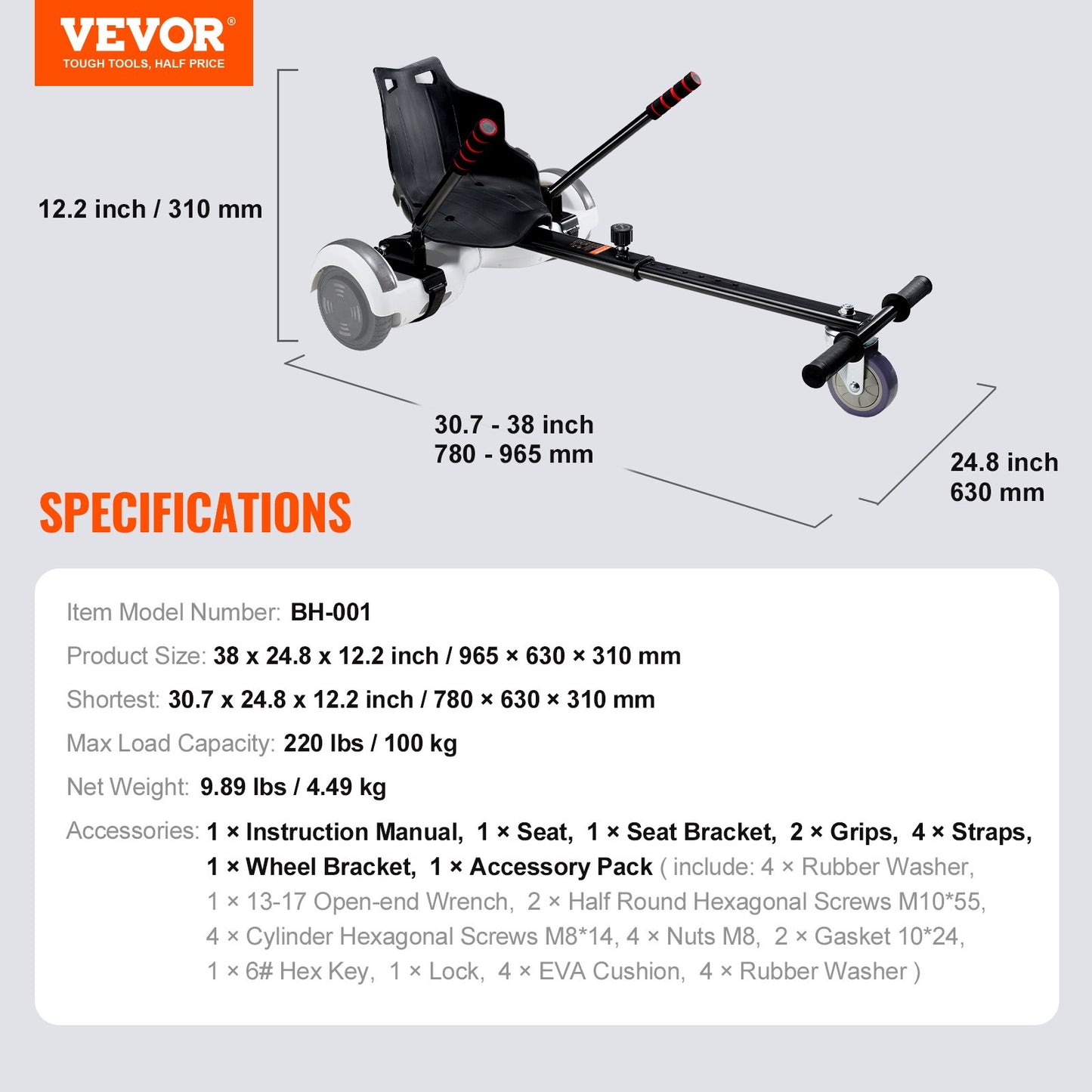 Hoverboard Seat Attachment, Compatible with All 6.5" 8" 8.5" 10" Hoverboards, Grips Control, Adjustable Frame Length and 220 LBS Load Capacity, Hover Board Go Karts Accessory, for Kids Adults