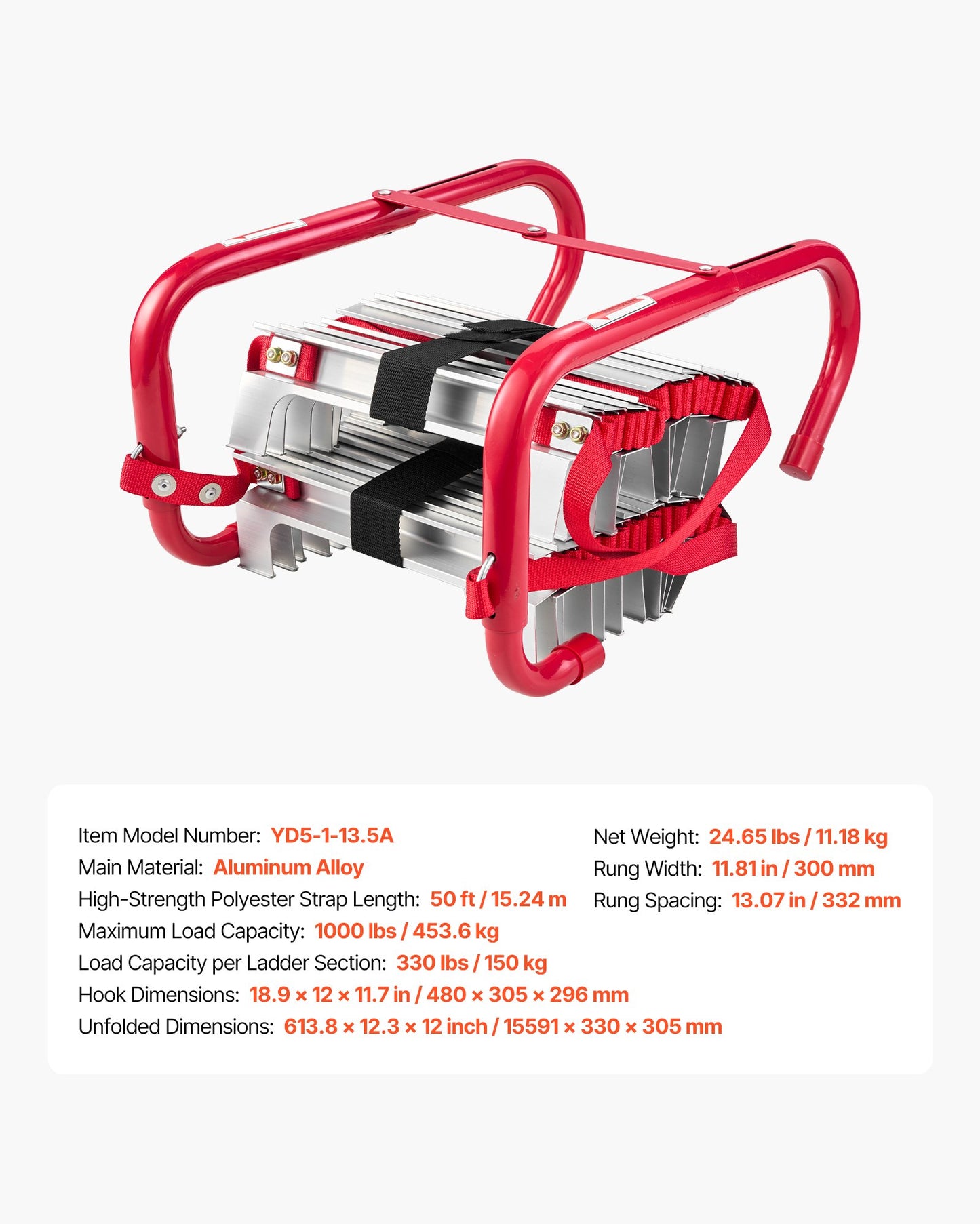 Fire Escape Ladder, 5-6 Story 50FT Retractable Emergency Fire Ladder, Lightweight Aluminum Alloy Safety Escape Ladders with Sturdy Polyester Strap, Anti-Slip & Wide Rungs, 1000LBS Max Loading