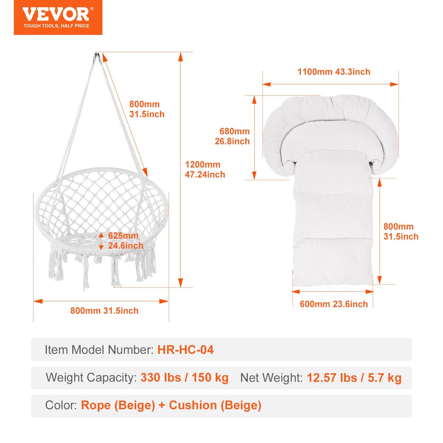 Hanging Hammock Swing Chair, 330 Lbs Capacity, Macramé Hanging Chair with Cushion and Mounting Hardware, Cotton Rope Swing Chair for Bedroom, Balcony, Patio, Garden, Beige