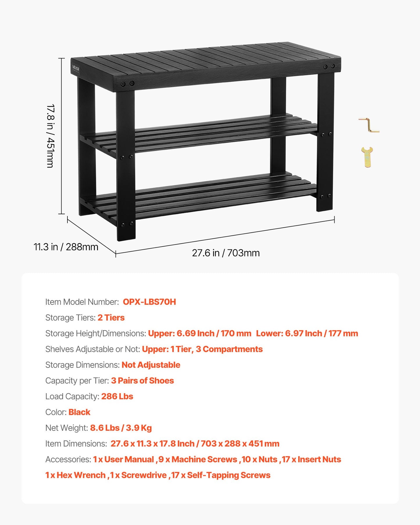 Shoe Rack Bench, 3-Tier Bamboo Entryway Bench, Shoe Storage Organizer Holds Up to 286 lbs, 27.6 x 11.3 x 17.8 Inches, for Front Door, Hallway, Living Room, Bedroom, Black