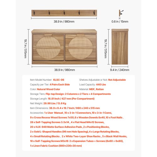 Skobänk för entrén, 988 x 240 x 500 mm rottingliknande skobänk med fällbara lådor, 180 kg skohylla med dynor, 4 fack och rottingdörrar, för hall, vardagsrum, sovrum | EU