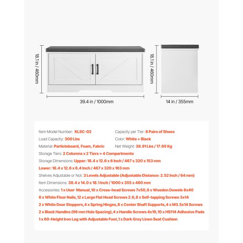 Skoförvaringsbänk, 1000 x 355 x 460 mm Skoorganisatör med stoppad sittdyna, Entrébänk med 2 ladugårdsdörrar och höjdjusterbar hylla, för hall, vardagsrum, sovrum, vit + svart | EU