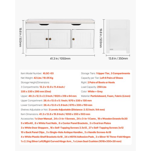 Skobänk, 1050 x 350 x 503 mm Entrébänk med lyftbar förvaring och sittdyna, skohylla för 112 kg med 3 skåp och höjdjusterbar hylla, för sovrum, hall, vit + svart | EU