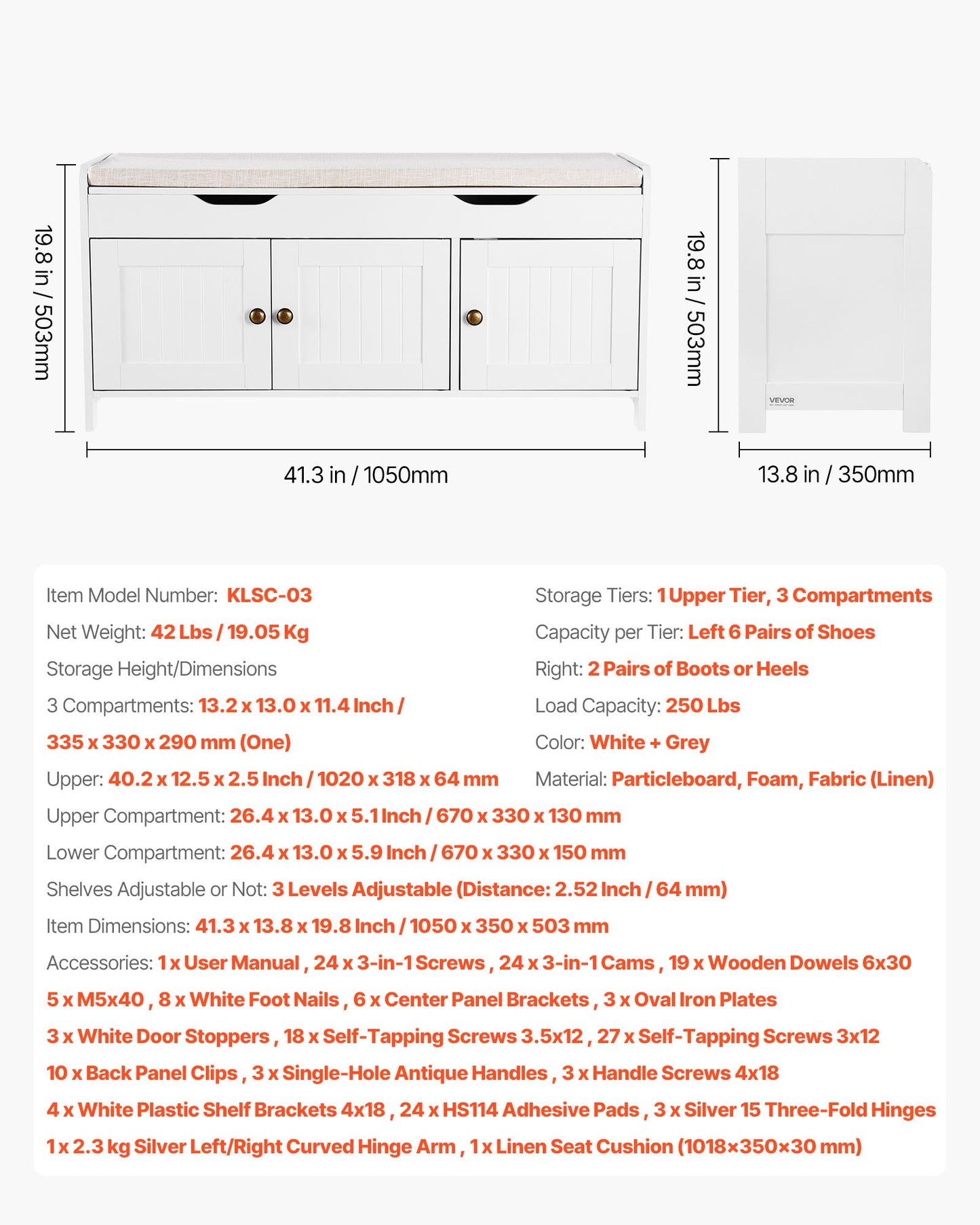 Shoe Bench, 41.3 x 13.8 x 19.8 Inch Entryway Bench with Lift Top Storage and Seat Cushion, 250lbs Shoe Rack with 3 Cabinets and Height Adjustable Shelf, for Bedroom, Hallway, White + Black