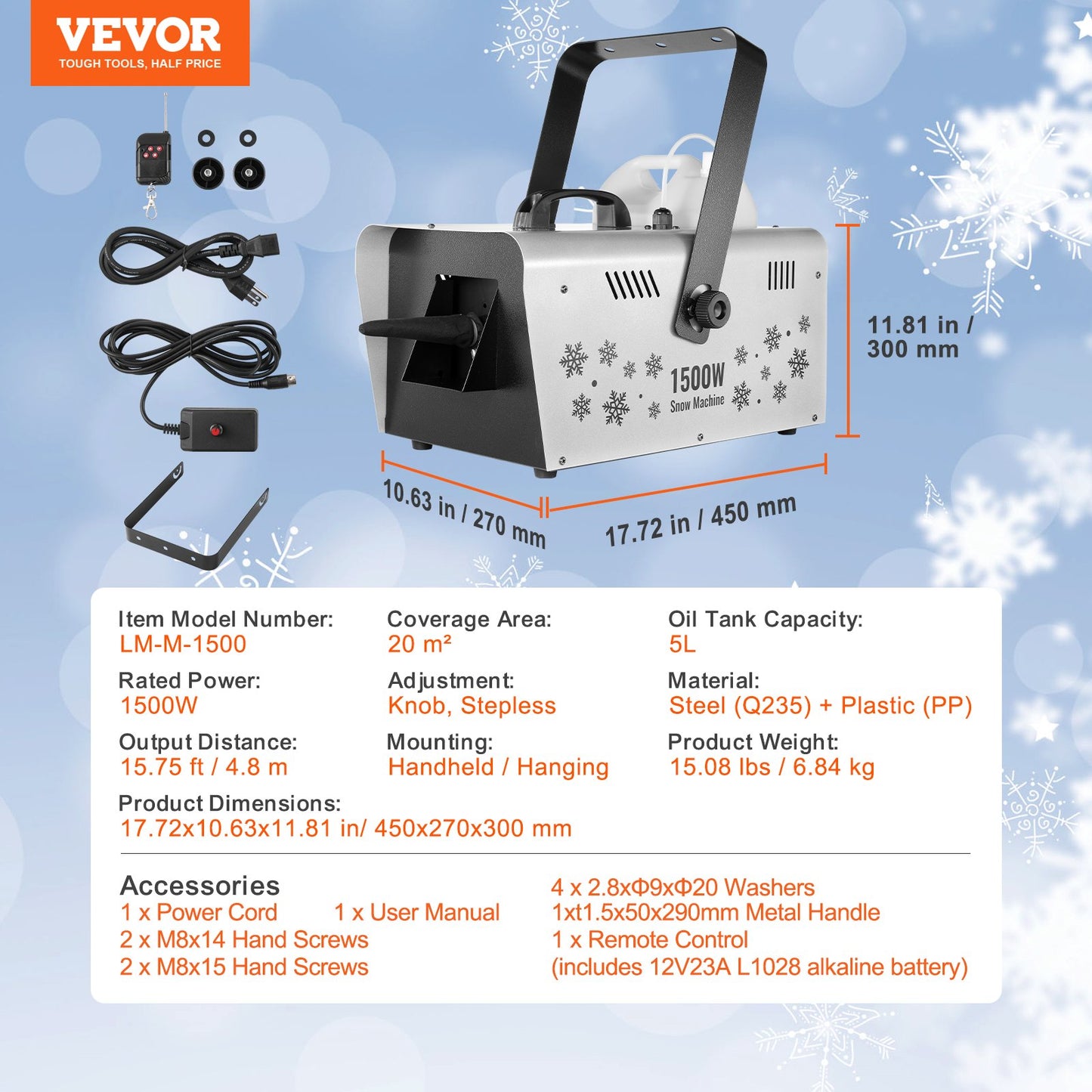 Snow Machine 1500W Wireless Remote Handheld Hanging Snow Making Machine