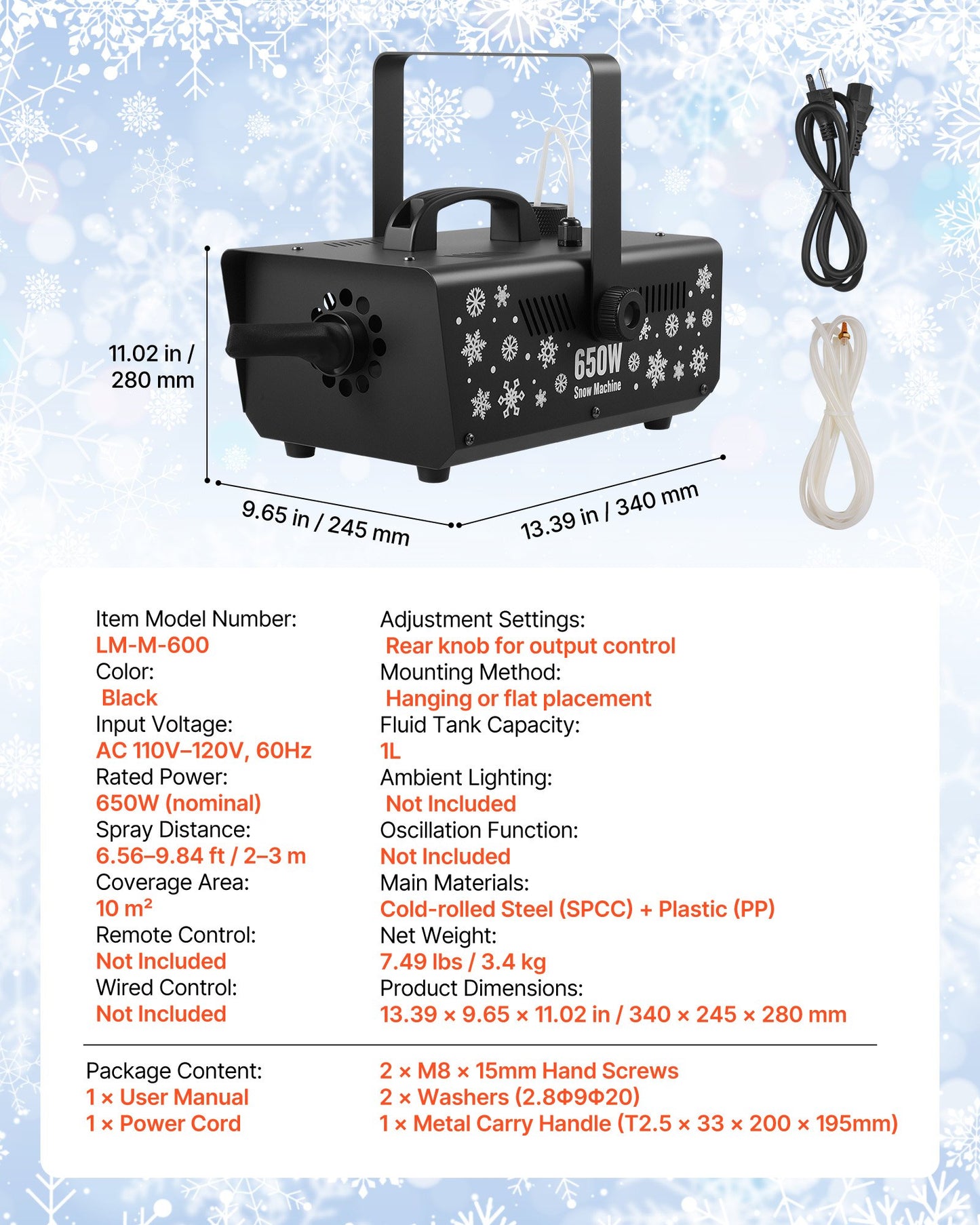 Snow Machine, 650W Handheld/Hanging Fake Snow Maker, Snowmaking Machine with Portable Handle, Outdoor & Indoor Artificial Snowflake Maker for DJ Stage Parties Christmas Decor