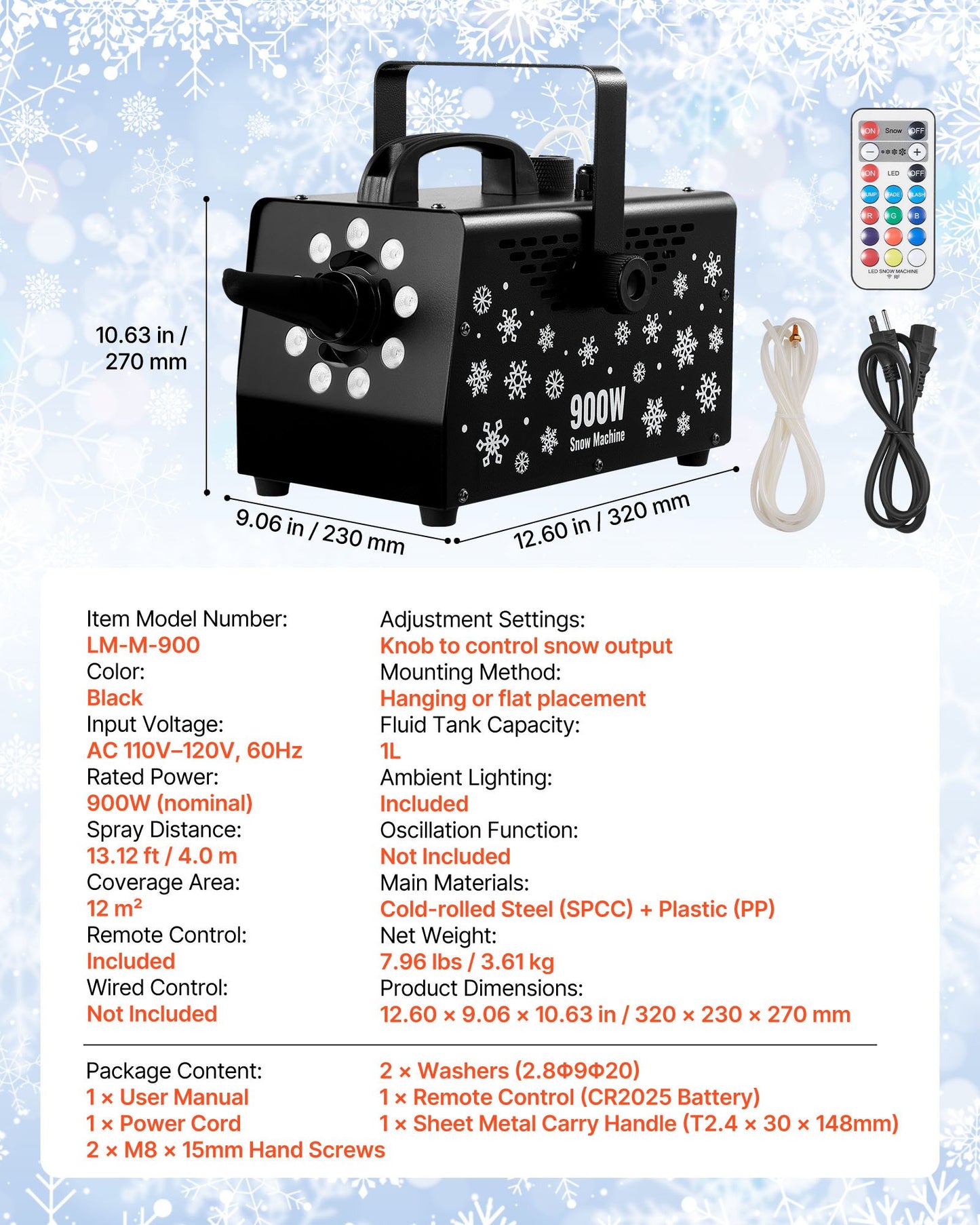 900W Snow Machine with 9 LED RGB Lights, 12 LED Lighting Colors, and Wireless Remote, Handheld/Hanging Outdoor Snowflake Machine Fake Snow Machines with 1L Tank for Christmas Party