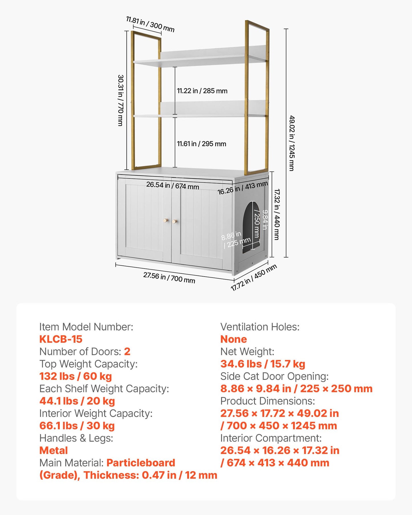Cat Litter Box Enclosure Furniture, 27.6 in Hidden Litter Box Cabinet with Metal Legs & 2-Tier Storage Shelves, Waterproof Cat Washroom Cat House, Fit Most of Litterbox, for Living Room