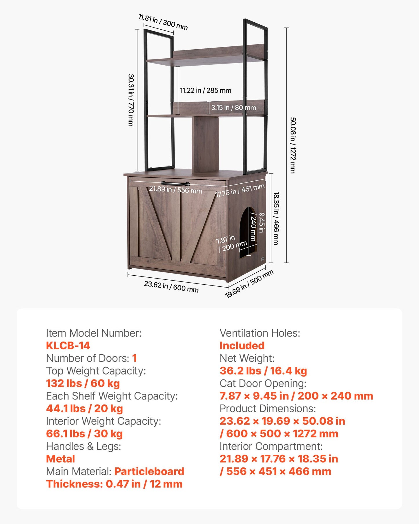 Cat Litter Box Enclosure Furniture, 23.6 in Hidden Litter Box Cabinet with Storage Shelves, Modern Style, Waterproof Cat Washroom Side Table Cat House, Fit Most of Litterbox, for Living Room