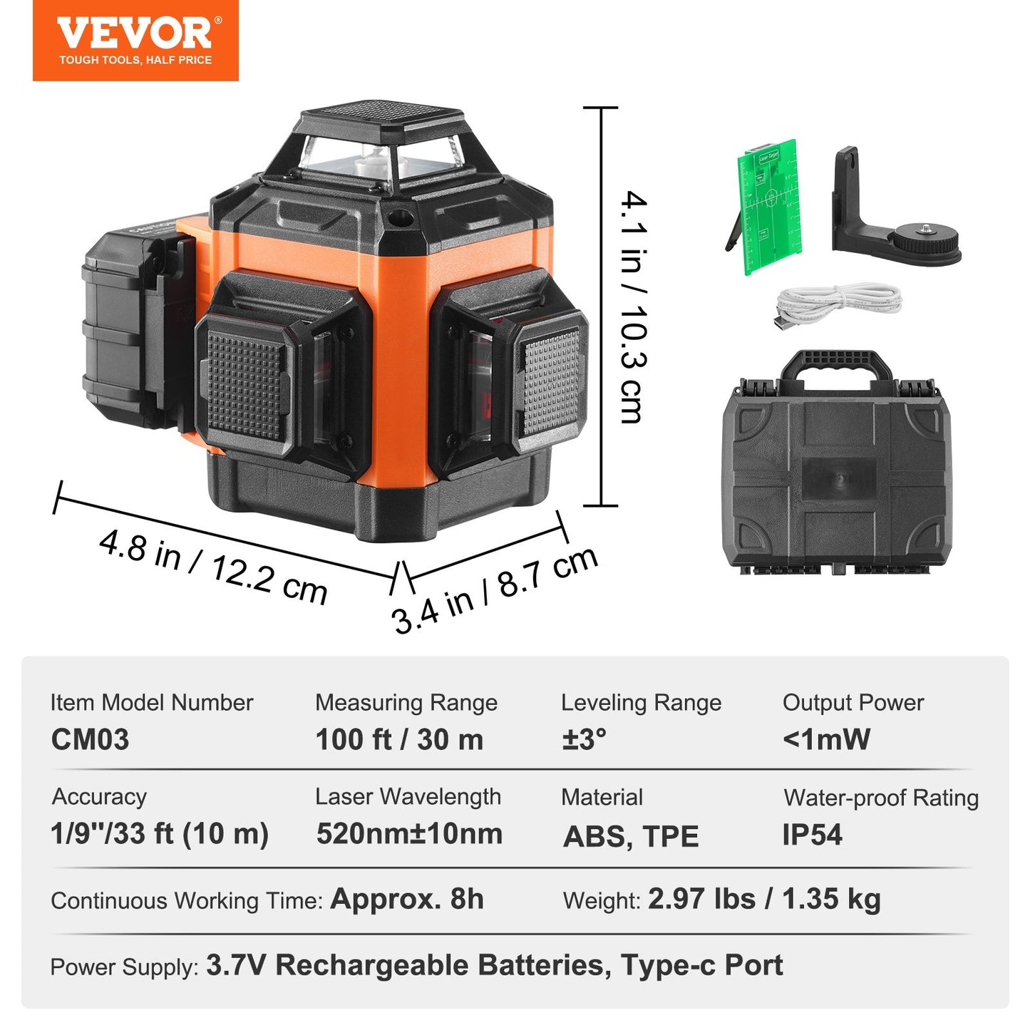 100ft Self Leveling Laser Level, Manual Green 3 x 360° Cross Line Laser, Manual Self-leveling Mode & IP54 Waterproof 8h Continuous Working Time Line Laser, Battery/Stand Included