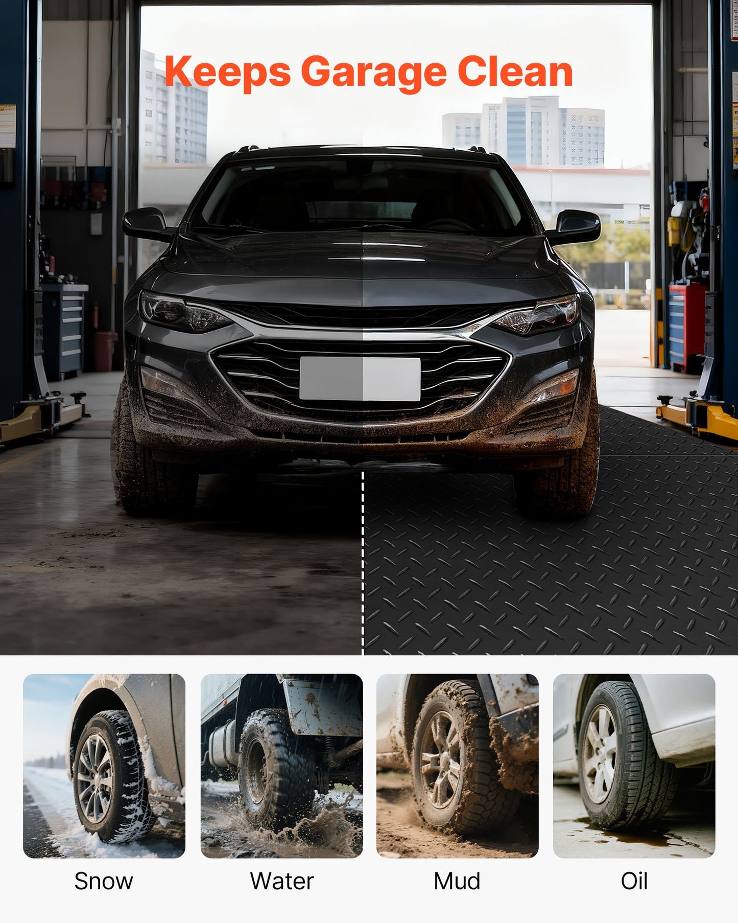 Garage Floor Roll, 4 x 25 ft Garage Flooring Mat, 3 mm Thickened Rubber Diamond Plate Floor Protector Mat, Non-Slip, Wear-resist, Waterproof, Easy to Clean for Warehouse, Gyms,Trailer, Black