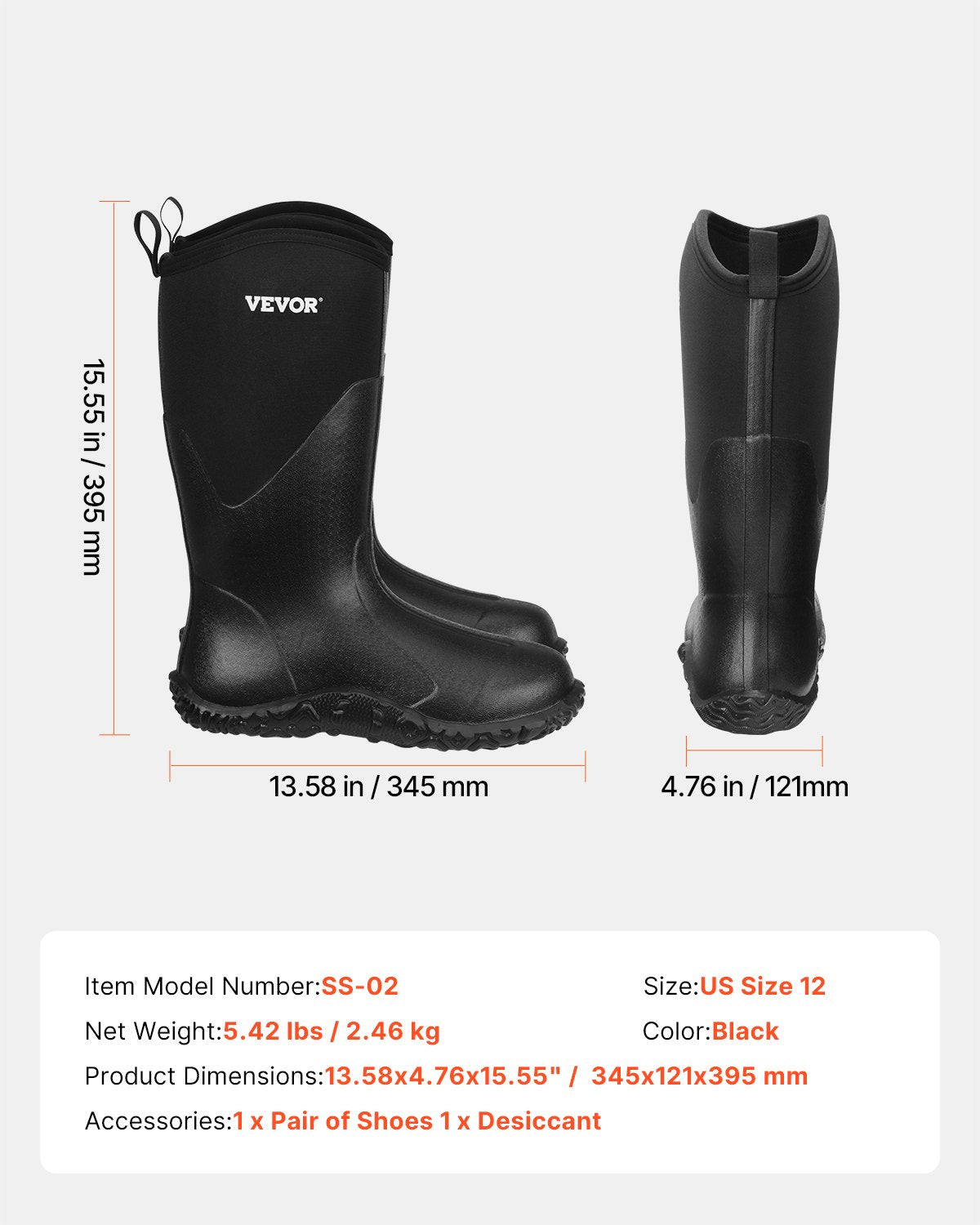 Men's Rubber Boots, Protective Footwear, Waterproof Anti Slip Hunting Boots, Gardening Insulated Mud Boots, Protective Footwear, Lightweight & Durable, for Manufacturing, Farming, Size 12 US