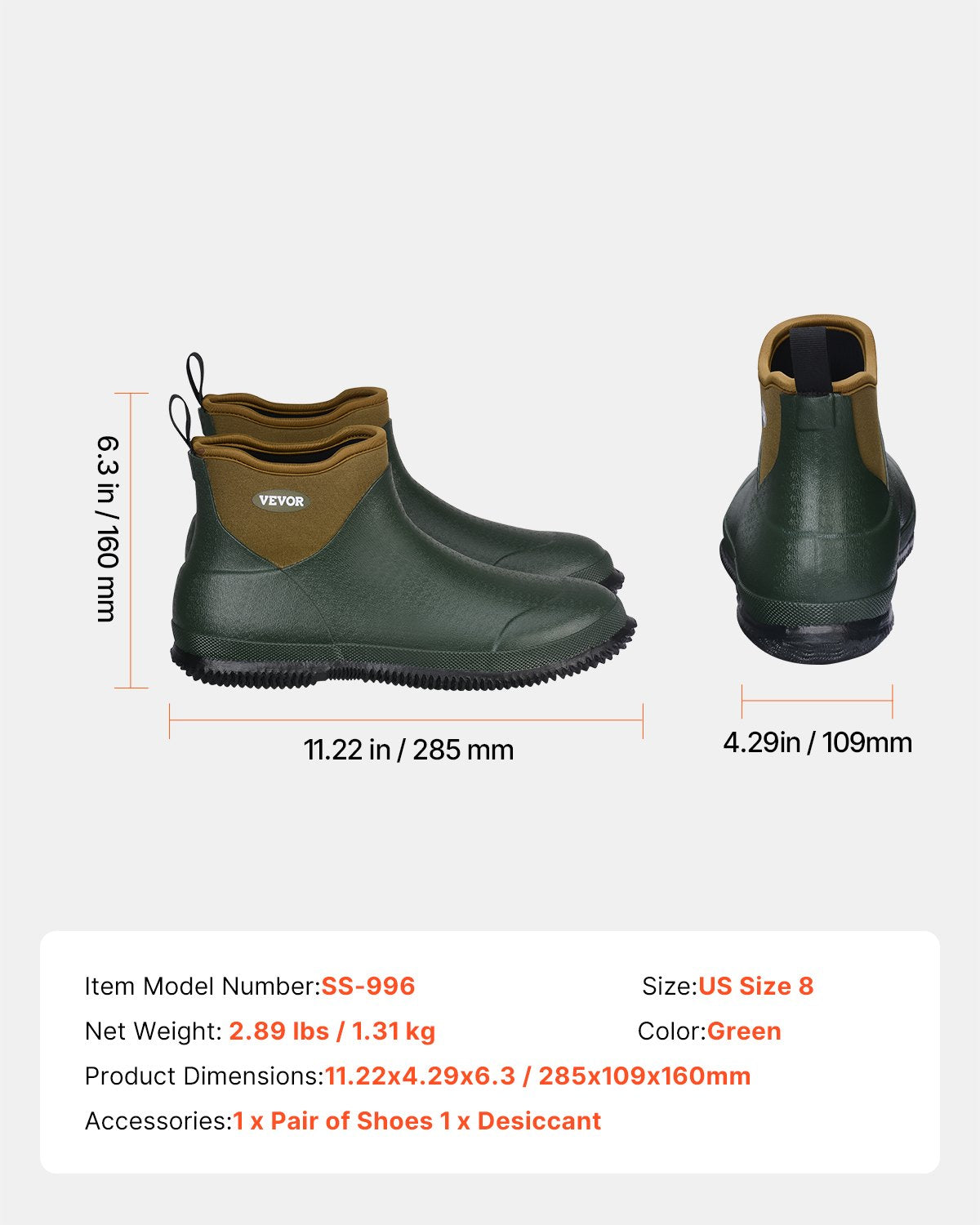 Women's Deck Boots, Waterproof Fishing Rain Boots, Anti-Slip Ankle Rubber Boots, Gardening Insulated Mud Boots, Neoprene Rubber, Lightweight & Durable, for Manufacturing, Farming, Size 8 US