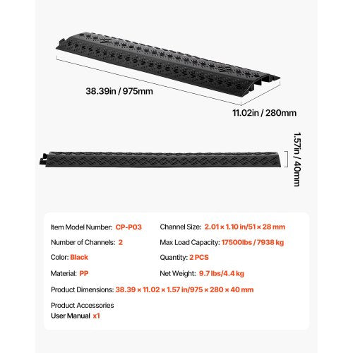 Kabelskydd för nedfall, 7 938 kg/axellastkapacitet, Kraftig kabelslangskyddsramp, Golvkabelskydd, För områden med hög gångtrafik, Inomhus, Utomhus, Hem, Kontor, Lager, 2-pack | EU