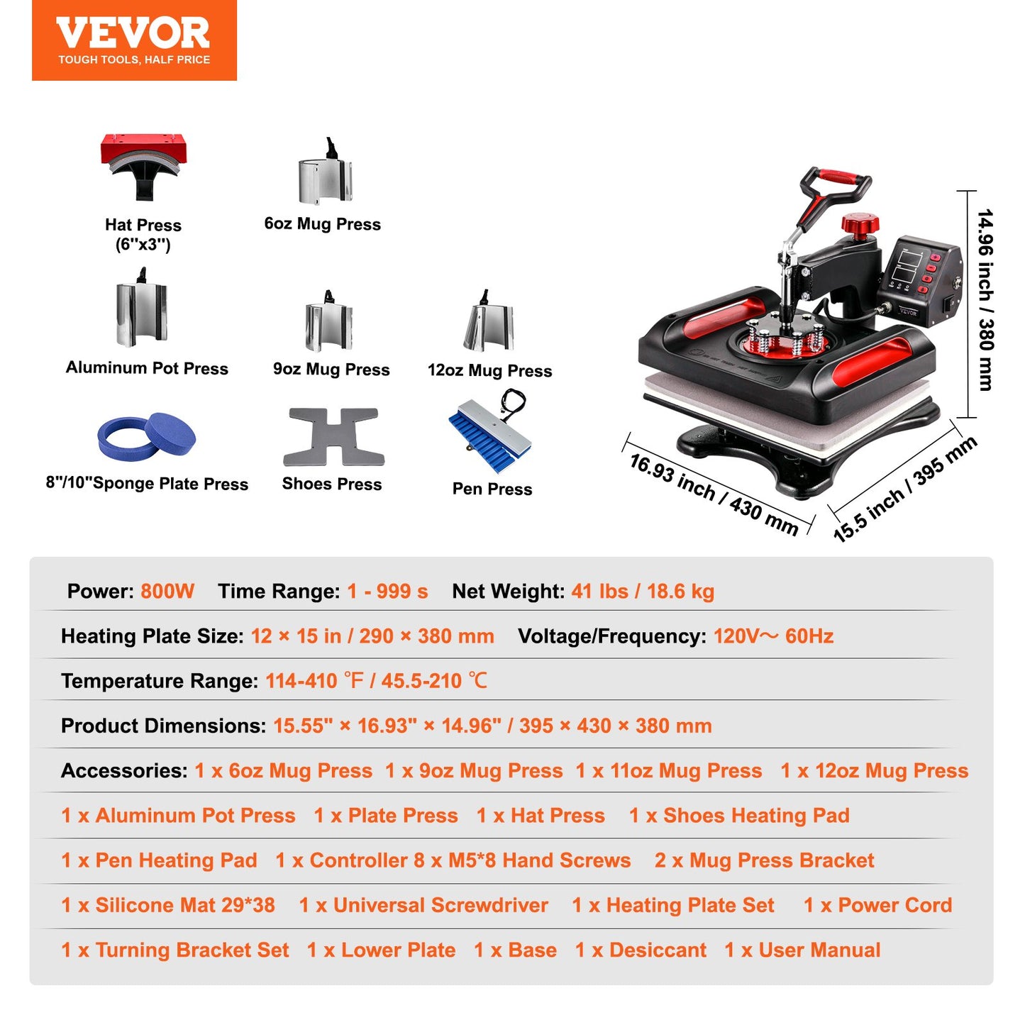 11 in 1 Heat Press, 12 x 15 Inch, Multifunctional Clamshell Printer, Digital Dual-Tube Heat Press Transfer Machine, Swing Away Sublimation Machine for T-Shirt Hat Cap Mug Plate Pen Shoes Black,360° Swing Away Design