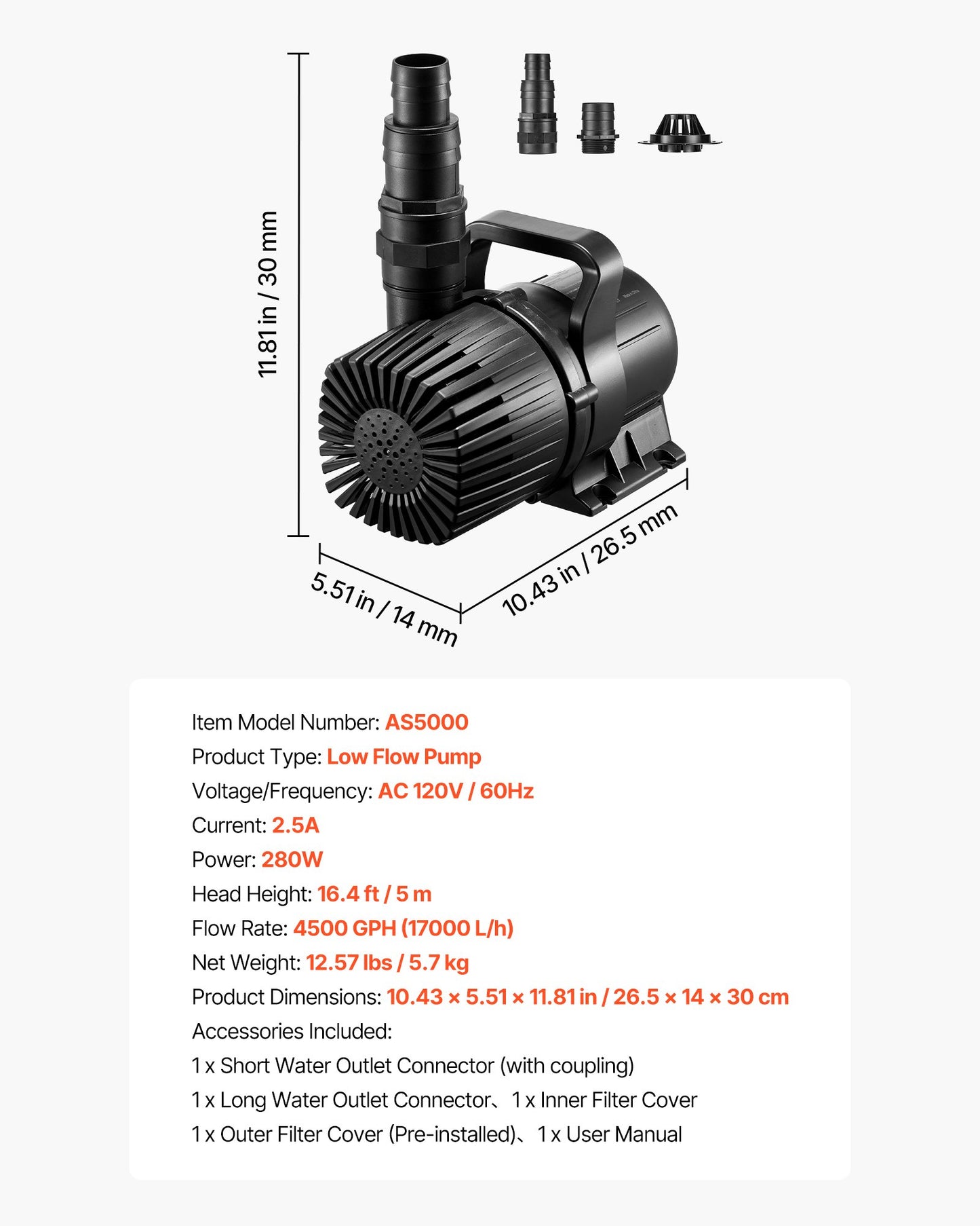 Submersible Water Pump, 280W 4500GPH, Aquarium Return Pump with 16.4 ft Lift Height & 180° Adjustable Flow Direction, Suitable for Pond, Aquarium, Fountain, Waterfall, and Fish Tank