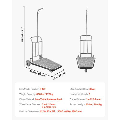Bagagevagn, 600 kg lastkapacitet, 3-hjulig bellmanvagn i rostfritt stål, betjänad vagn med grått heltäckningsmatta och gummihjul, perfekt för kongresscenter, hotell, uthyrningsfastigheter, silver | EU