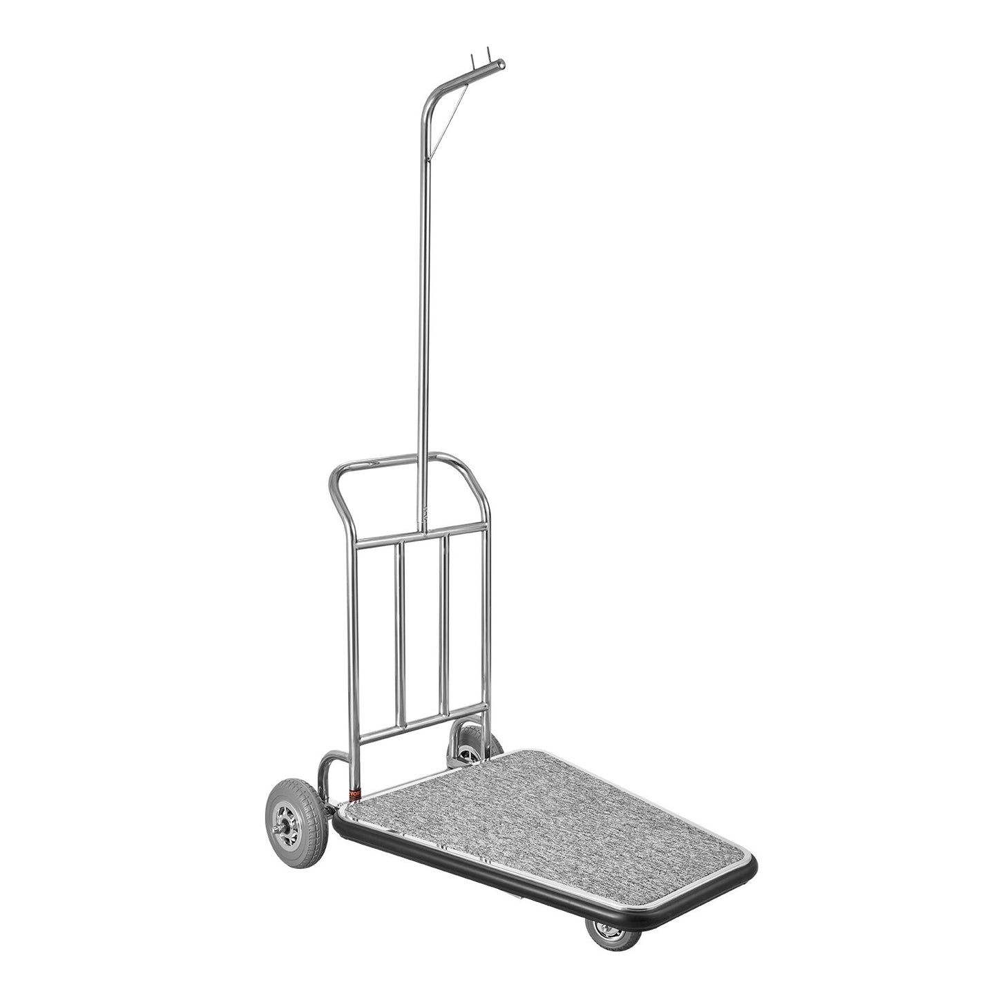 Luggage Cart, 600 LBS Load Capacity, 3 Wheel Stainless Steel Bellman Cart, Valet Cart with Grey Carpeted Deck and Rubber Wheels, Ideal for Convention Centers, Hotels, Rental Properties, Silver