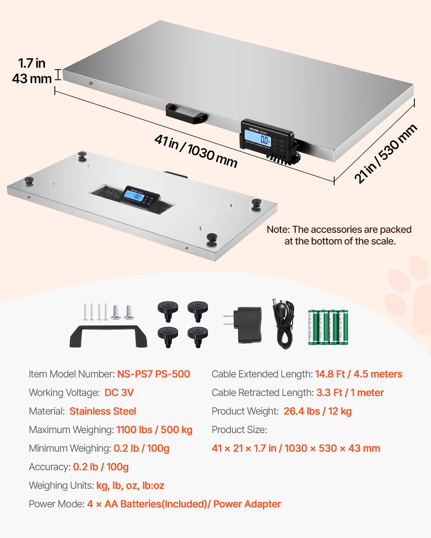 1100Lbs x 0.2Lbs Digital Livestock Scale Large Pet Vet Scale Stainless Steel Platform Electronic Postal Shipping Scale Heavy Duty Large Dog Hog Sheep Goat Pig Sheep Scale