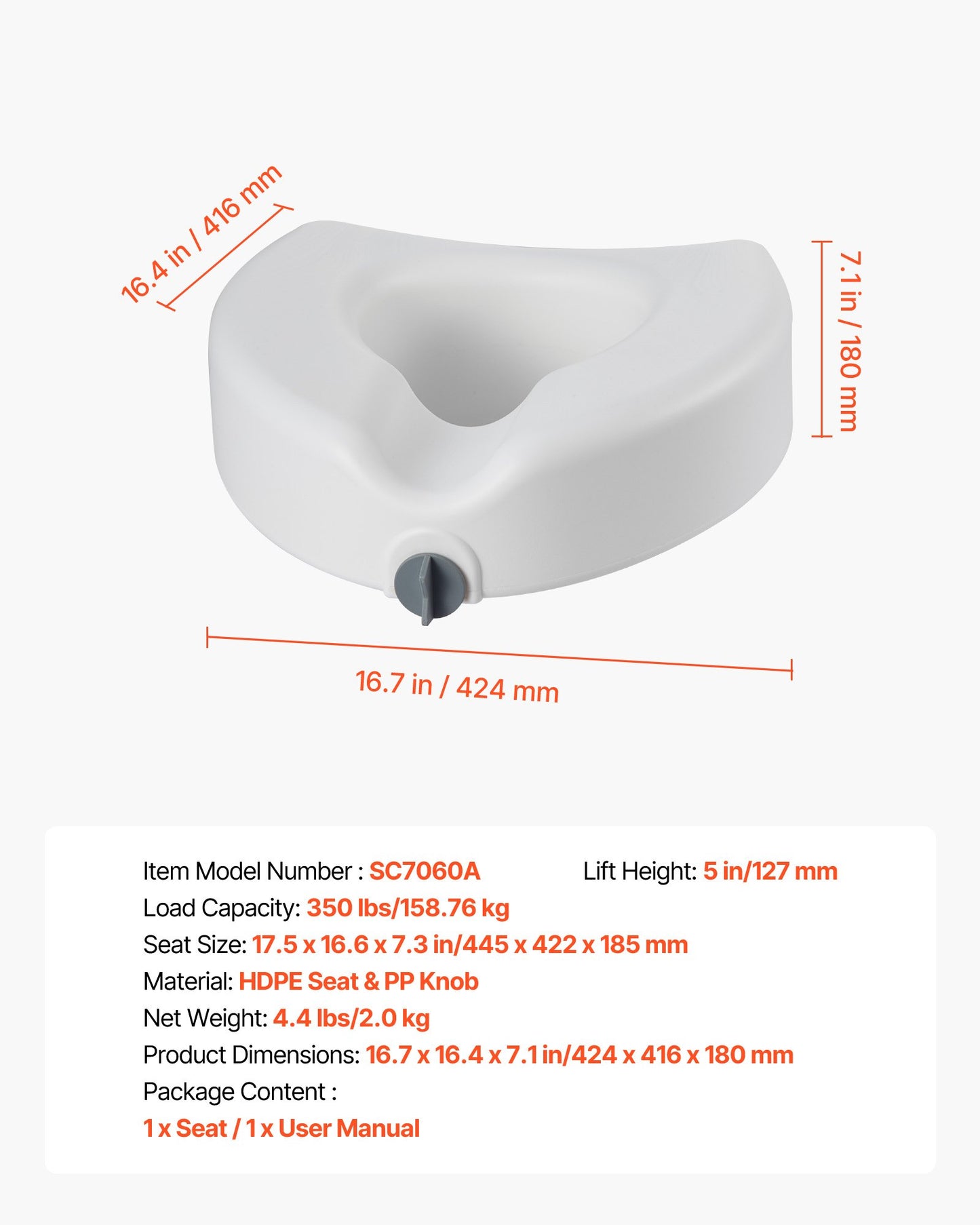 Raised Toilet Seat, 350 lbs Capacity, 5-Inch Lift Height, Commode Elevated Toilet Seat Riser with Enlarged Opening for Seniors, Elderly, Handicap, Disabled, Adults, Fits Elongated & Round Bowl