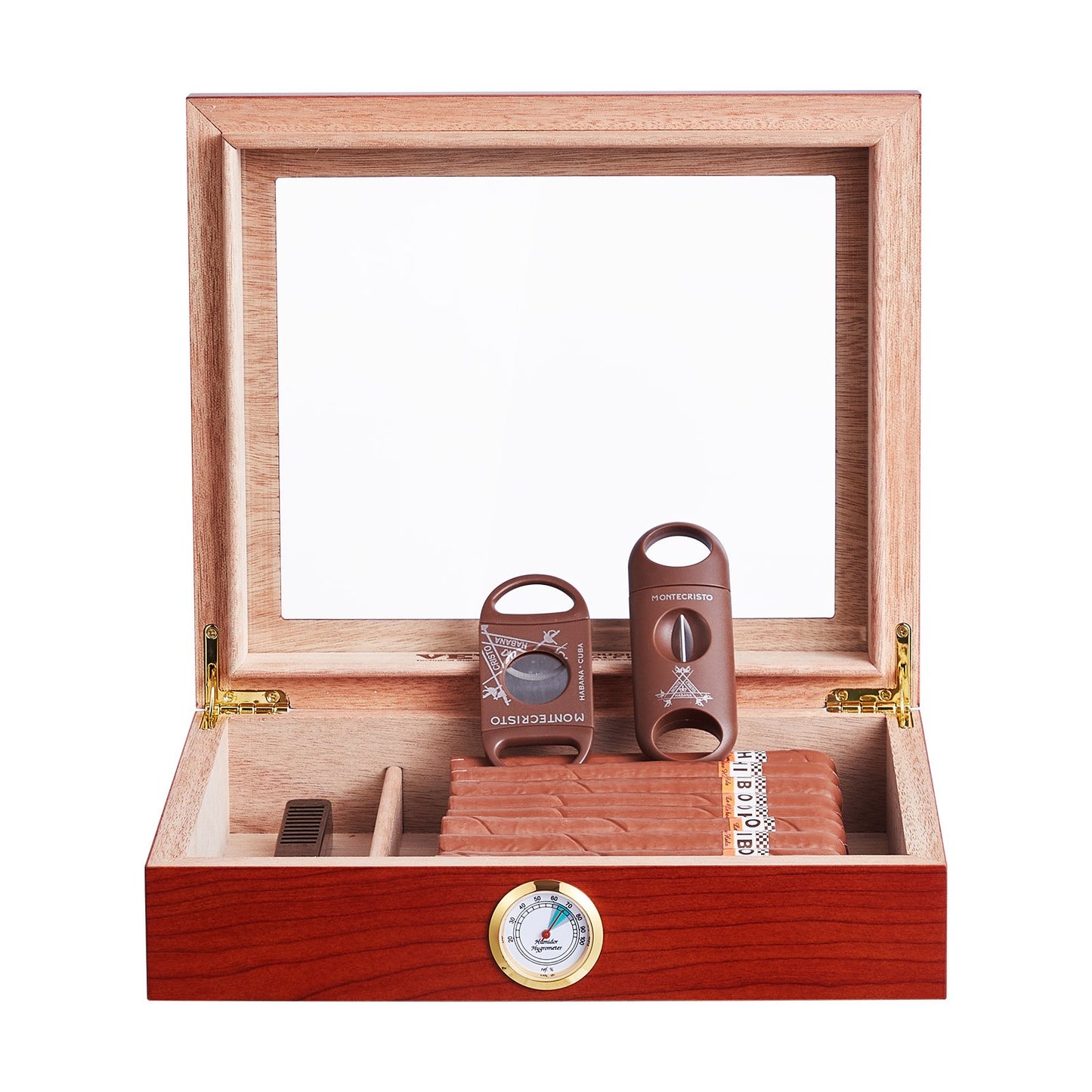 25 Cigars Humidor Glasstop Cedar Cigar Storage Box Humidifier Hygrometer
