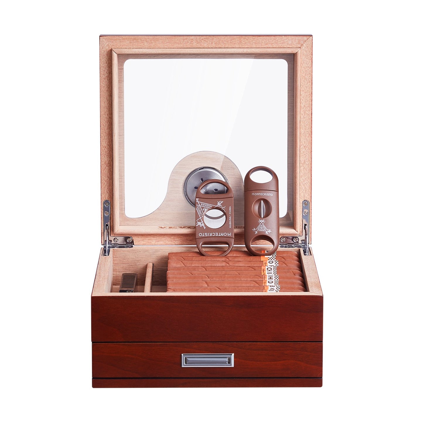 35 Cigar Humidor Glasstop Cedar Cigar Box Humidifier & Hygrometer & Drawer