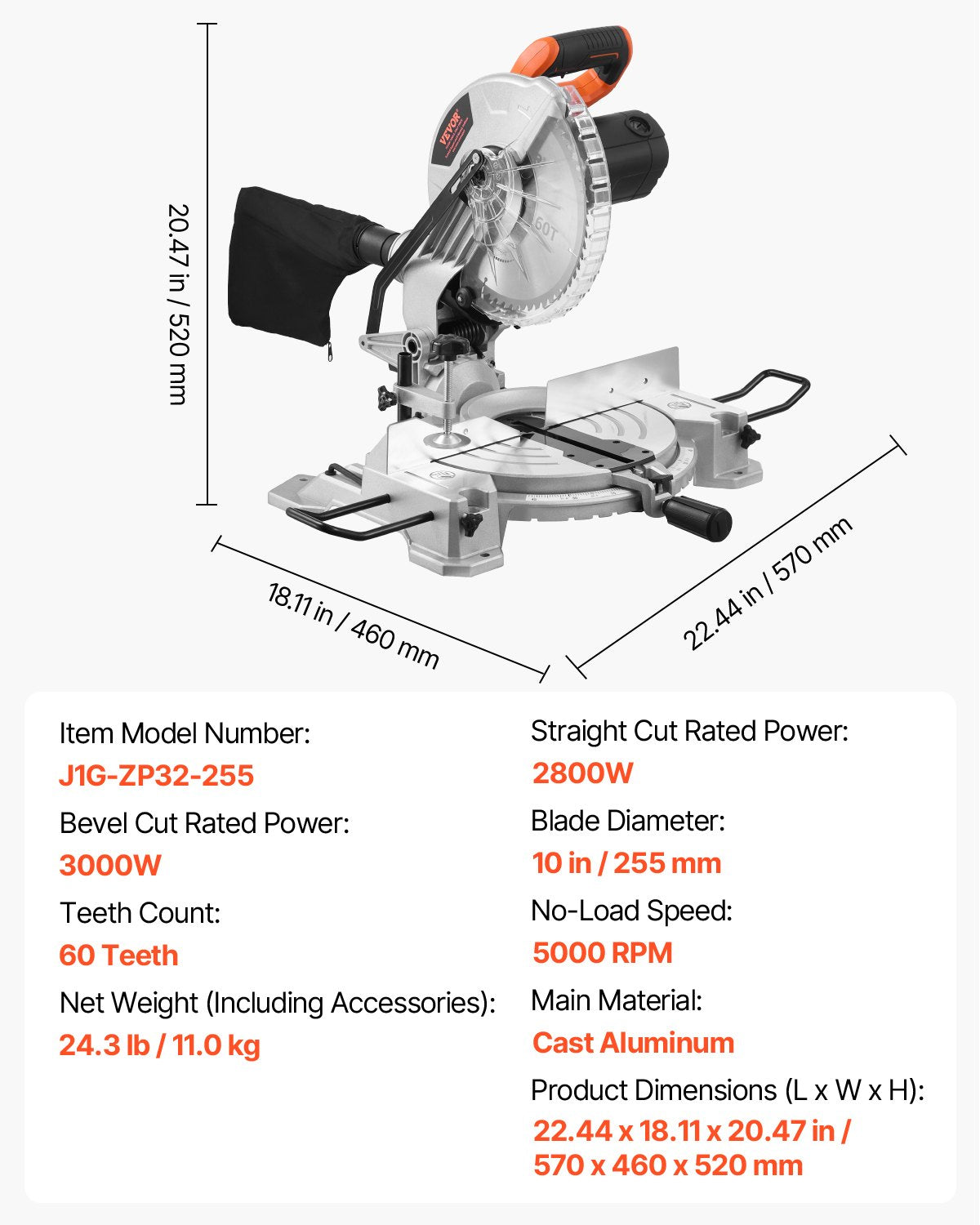 Compound Miter Saw, 10-Inch Blade, 15 Amp Motor, 60-Tooth, Corded Single Bevel 0-45°, LED Precision Alignment, Angle Adjustable, Lightweight Cast Aluminum Base, for Wood, Composite Decking