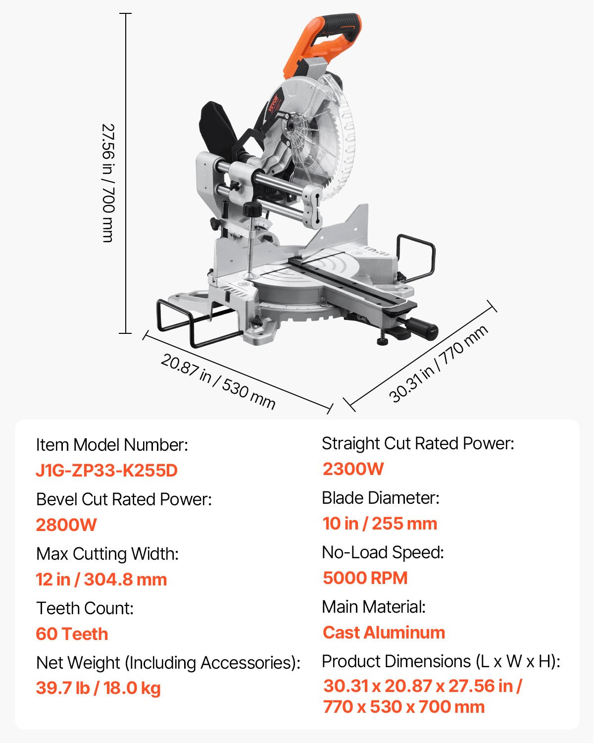 Sliding Compound Miter Saw, 10-Inch Blade, 15 Amp Motor, 60-Tooth, Corded Double Bevel Sliding Miter Saw, LED Precision Alignment, Angle Adjustable, for Wood, Composite Decking, Laminates