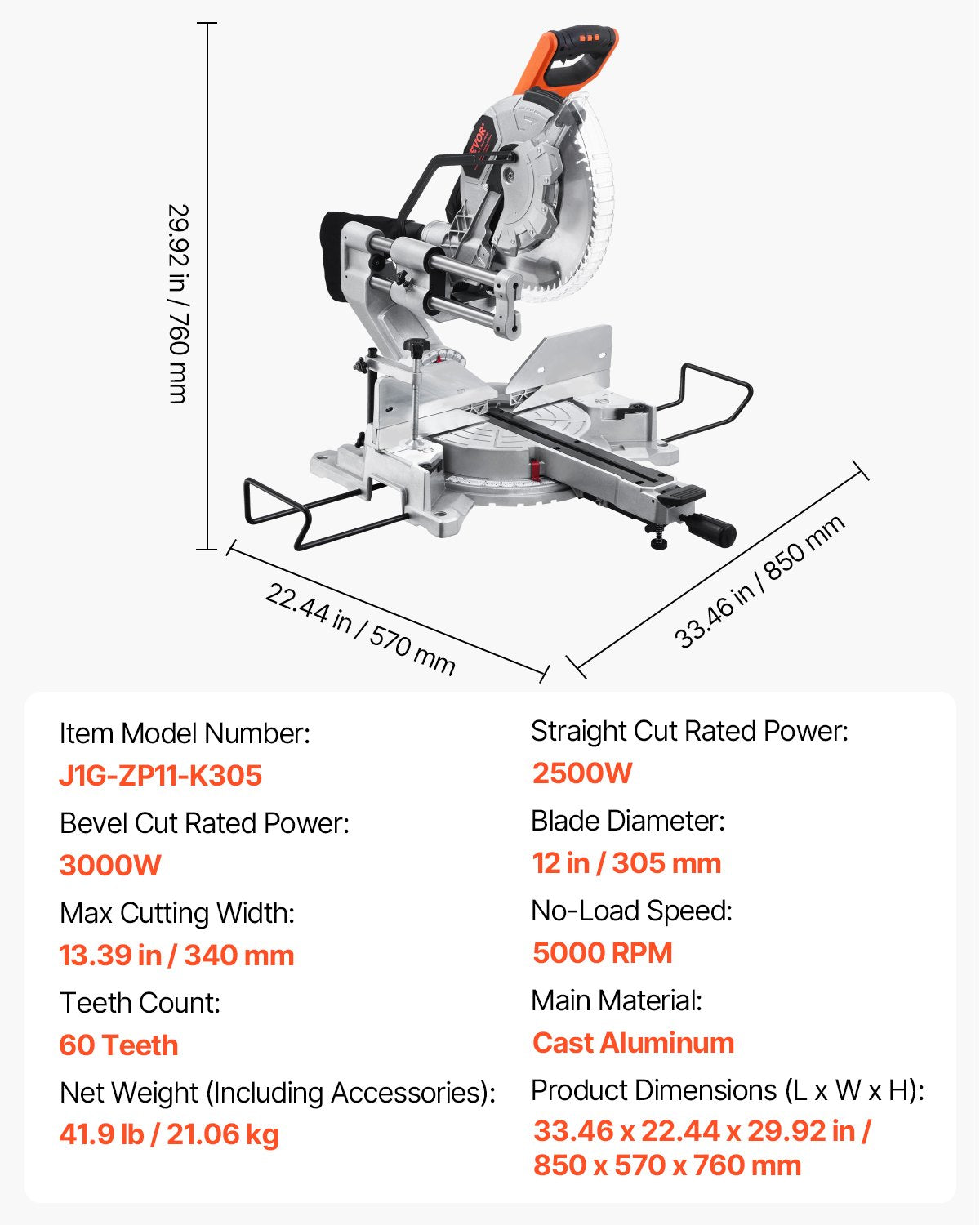 Sliding Compound Miter Saw, 12-Inch Blade, 15 Amp Motor, 60-Tooth, Corded Double Bevel Sliding Miter Saw, LED Precision Alignment, Angle Adjustable, for Wood, Composite Decking, Laminates